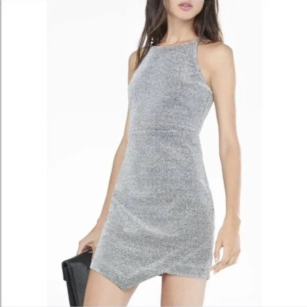 Express Silver Party Cocktail Dress Asymmetrical
Bottom High Neck Sleeveless